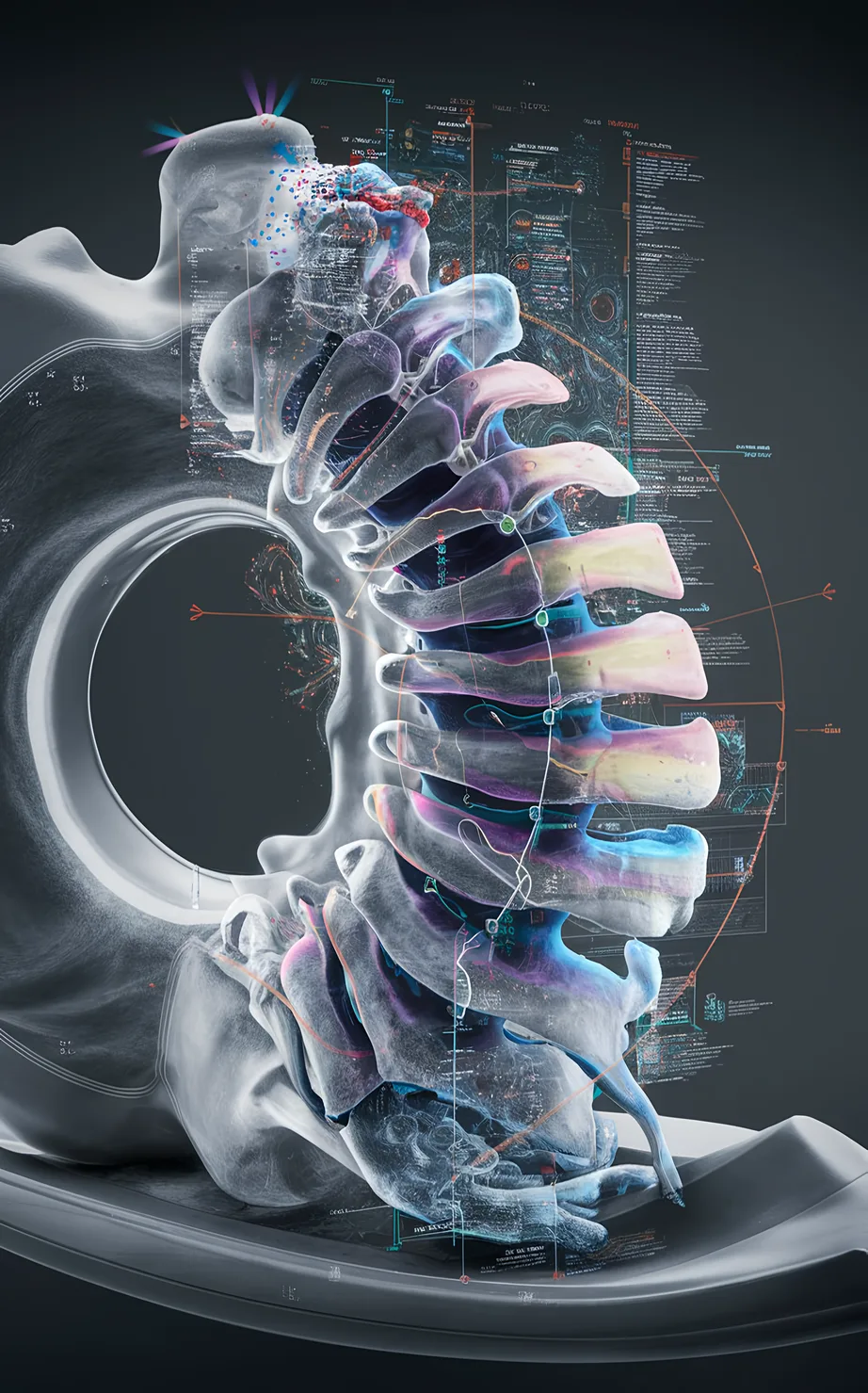 Lumbar spine visualisation with AI analysis regions highlighted
