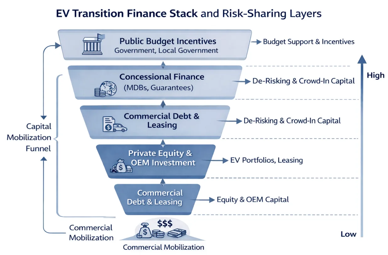 The EV transition finance stack: public budget incentives, concessional finance, commercial debt and leasing, private equity and OEM investment
