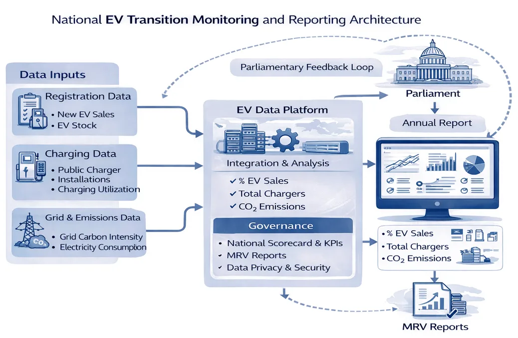 National EV transition monitoring and reporting architecture: data inputs, EV data platform, executive dashboard, parliamentary feedback loop