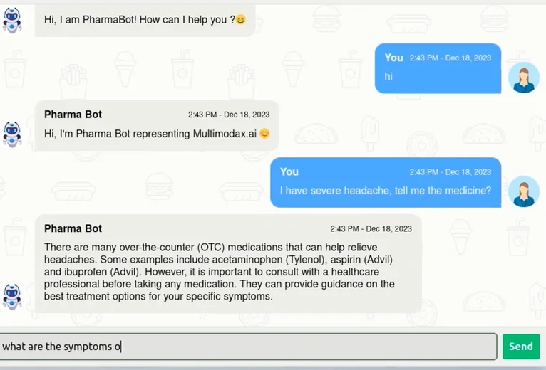 PharmaBot AI assistant answering medication queries in a chat interface