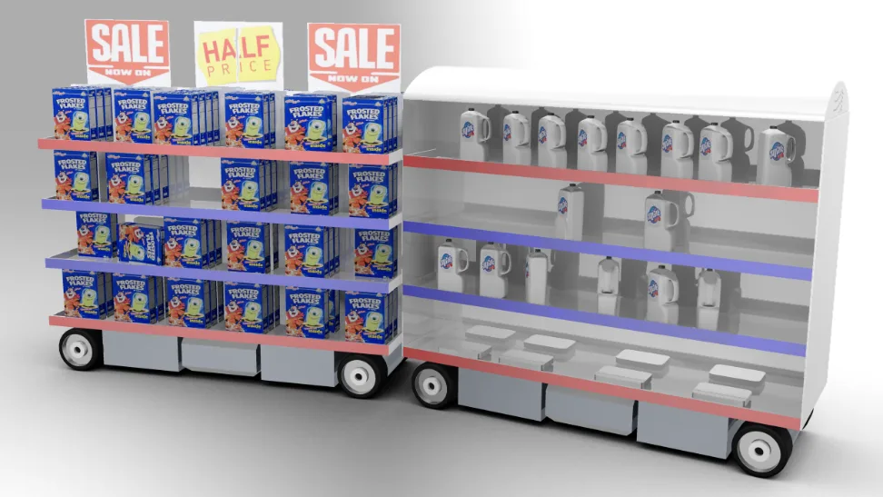 Concept render: open shelf unit alongside the enclosed refrigerated variant with built-in cooling