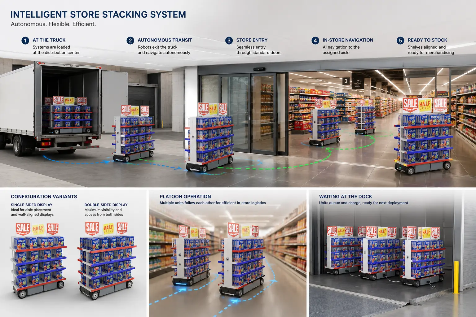 How the system moves: units loaded at the distribution centre, exiting the truck autonomously, entering the store through standard doors, navigating to the assigned aisle, and ready to stock — with single- and double-sided display variants, platoon operation, and dock charging