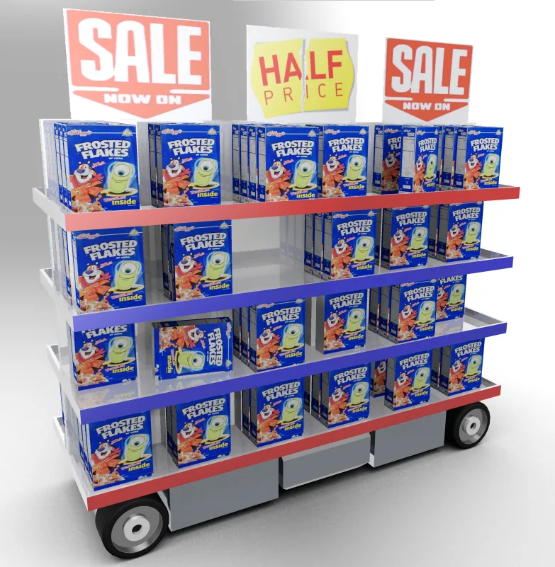 Concept render of a self-driving pre-stacked shelf platform, fully merchandised with signage, on its own wheeled base
