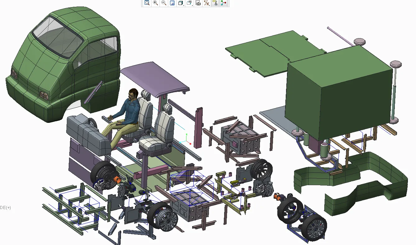 Exploded CAD view of the modular light commercial vehicle: driver cell, structural modules, and payload sections