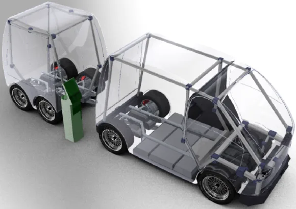 Concept render: payload modules deposited at a charging point while the vehicle frame continues
