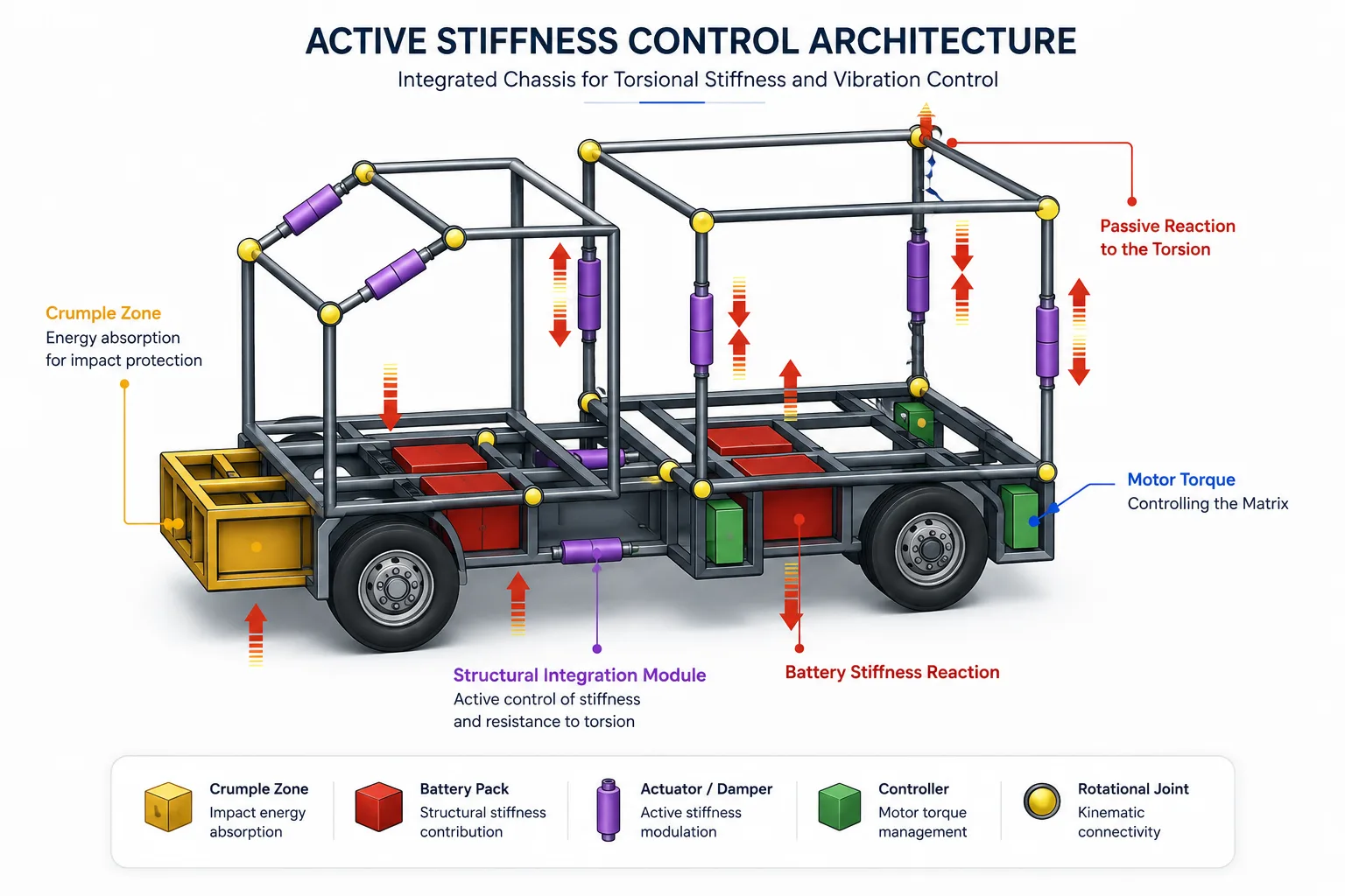 Active stiffness control architecture: integrated chassis with crumple zone, structural-stiffness battery packs, actuators, controllers and rotational joints for torsional stiffness and vibration control