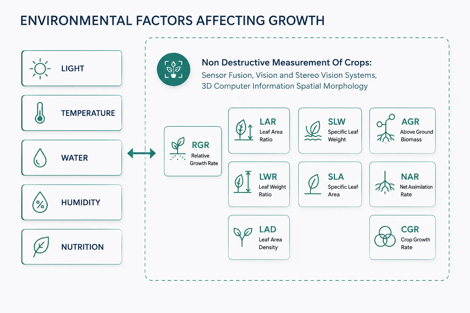 Environmental factors affecting growth — light, temperature, water, humidity, nutrition — and non-destructive crop measurement parameters