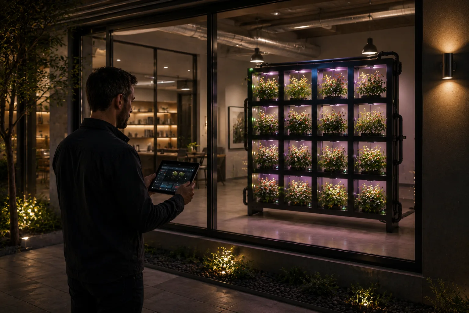 Remote connectivity concept: a grower supervising the plant wall from a tablet