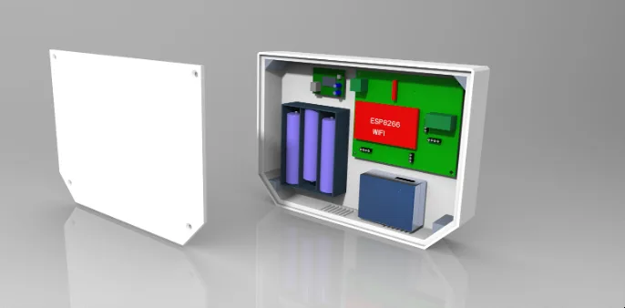 WAQIA enclosure opened: sensor board, battery cells, and IoT module inside the weatherproof housing